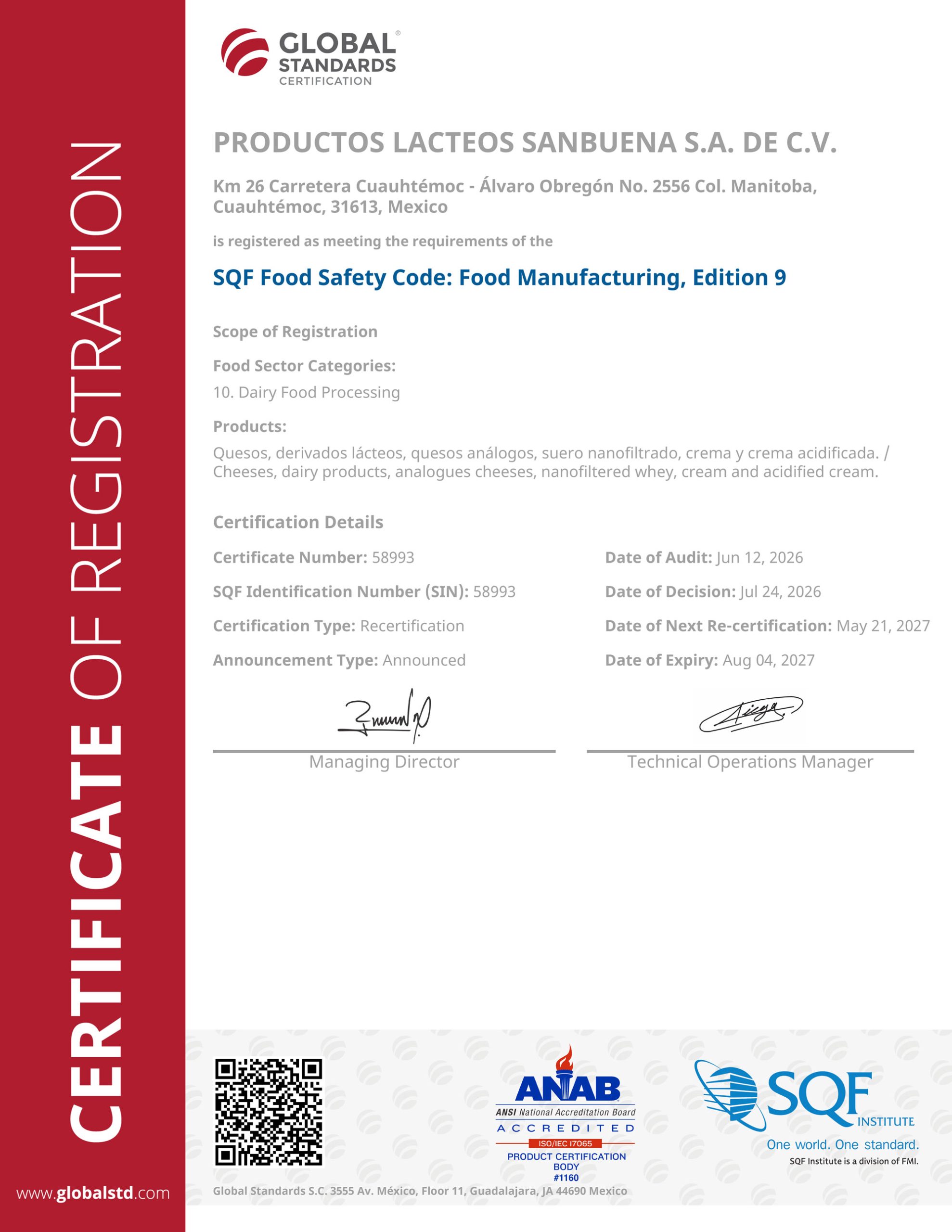 Global STD Certification PRODUCTOS LÁCTEOS SANBUENA S.A. DE C.V.